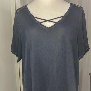 Ebony Seven7 Premium denim short sleeve v-neck tshirt with beading on shoulder